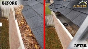 A Before and after image of a Gutter cleaning service