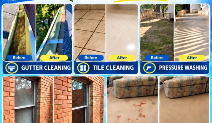 A Fine Shine window cleaning service flyer featuring gutter cleaning, tile cleaning, pressure washing, window cleaning and carpet cleaning before-and-after photos.